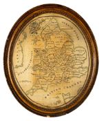 A George III oval embroidered silk map of England and Wales, early 19th century;