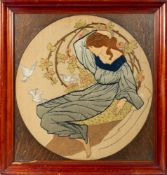 A Victorian embroidered tondo picture of a maiden, in Art Nouveau style,