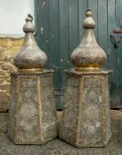 A pair of substantial pierced brass mosque lamps, probably Egyptian,
