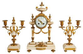 A late-Victorian Louis XVI-style gilt-metal and marble clock garniture,