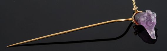 A French amethyst greyhound stick pin,