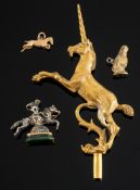 A mixed group of horse related items, including a vintage Unicorn and dolphin finial,