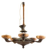 A Continental gilt metal and alabaster mounted five light electrolier,