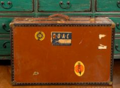 Victor Luggage; a hard-shell and metal bound steamer trunk,