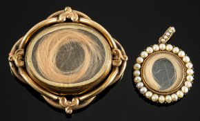 Two items of antique gilt memorial hairwork jewellery, including a brooch,