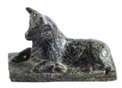 A ROMAN BRONZE MODEL OF A RECUMBENT BULL, CIRCA 2ND CENTURY A.D., probably the lid of a box,
