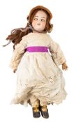 A Simon & Halbig 'Santa' bisque head doll, brown wig, brown glass sleeping eyes,