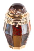 A SCOTTISH HARDSTONE, ROCK CRYSTAL AND YELLOW METAL MOUNTED VINAIGRETTE CIRCA 1840, barrel-shaped,