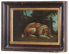 19th Century English School - Recumbent hound by a fence - Oil on panel