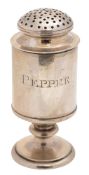 A late 19th/ early 20th century Indian Colonial silver pepper caster, circular form,