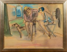 20th Century school - Two figures conversing in the park - Watercolour and chalk