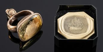 A 19th century yellow metal and citrine intaglio fob seal of HMS 'Victory',