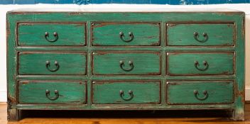 A Chinese green painted hardwood side cabinet, 20th century;