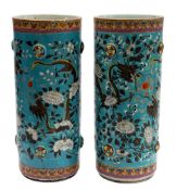 A pair of Perenakan [Straits Chinese] sleeve vases of cylindrical form,