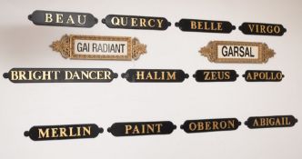 Sixteen various painted metal stable name panels, modern; including examples for Beau, Quercy,