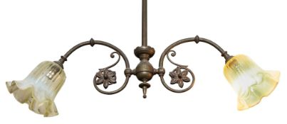 A late Victorian or Edwardian gilt brass and glass twin light electrolier,