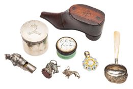 A mixed lot of silver & collectables, to include a cylindrical silver box & cover, crested,