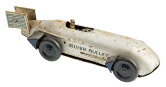 A clockwork tin plate Silver Bullet land speed record car,