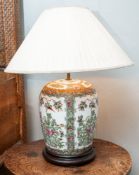 A Chinese famille verte porcelain vase fitted as a table lamp, 20th Century; of ovoid form,