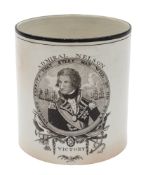 A pearlware commemorative mug celebrating Nelson's victory at Trafalgar,