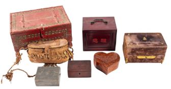 A collection of various wooden and other boxes, including a north west Indian painted example,