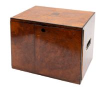 A Victorian burr walnut table cabinet, later utilised for cigars,