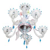 A Venetian clear and coloured glass five light chandelier, in 18th century style,