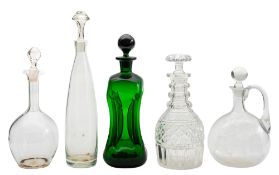A small group of domestic glass comprising four various decanters,