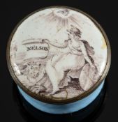 Admiral Lord Nelson An early 19th century South Staffordshire enamel patch box,