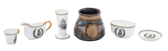 Five pieces of Wedgwood Nelson Centenary Commemorative miniature porcelain, comprising a vase, jug,