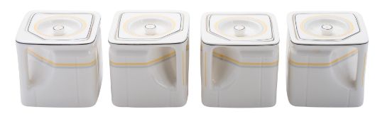 Four mid 20th century Cunard Steamship Company Art Deco porcelain 'cube' teapots by Foley China,