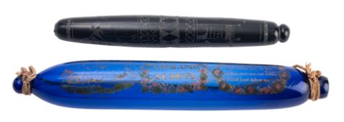 A late 18th/early 19th century sailor decorated glass rolling pin,