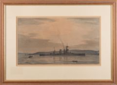 Donald William Lambie (British, 20th Century) - 'HMS Iron Duke' in her last berth -