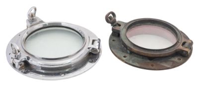 A chrome plated 8 inch porthole, stamped '15' 33cm diameter and a bronze 7 inch porthole,