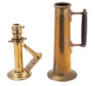 A copper and brass saline measuring jug and a brass gimbaled cabin candle lamp (2)