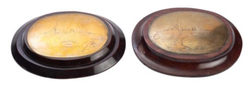 A pair of early 20th century ship's portraits on oval brass plaques of HMS 'Carlisle' 1921-23 and