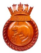 A carved wooden master for the bridge badge for the Broadsword-class frigate HMS Beaver (F93)