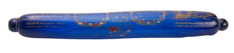 A late Victorian blue glass souvenir rolling pin 'A Present for my Mother',