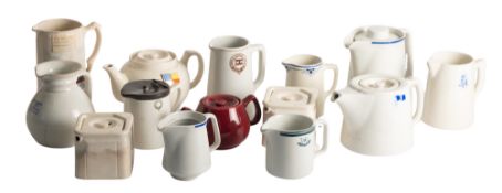 A group of various shipping line water jugs,
