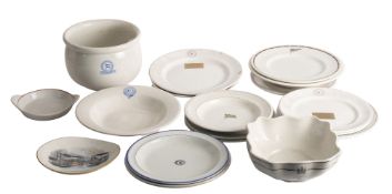 A group of various shipping line tablewares, including a Royal Mail Line fluted vegetable bowl,