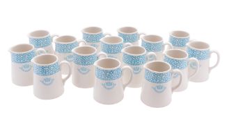 Fourteen Royal Sailor's rest ironstone milk jugs and nineteen saucers with cyan coloured transfer