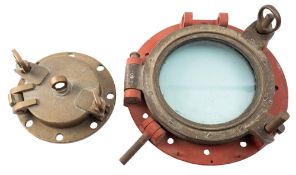 A 12 inch brass porthole, 39cm diameter and a small 6 inch brass scuttle,