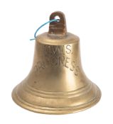 The ship's bell for the cargo ship 'CWS Progress' arched suspension over incised text to body,