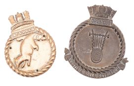 A brass ship's badge for HMS 'Orpheus',