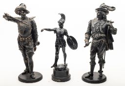 A pair of Continental spelter models of Cavaliers, early 20th century; portrayed standing,
