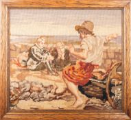 A woolwork embroidered picture of figures seated by a wall,