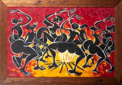 Mbiola (Contemporary) - Dancing African figure - Oil on canvas - Signed and dated 2001 lower right