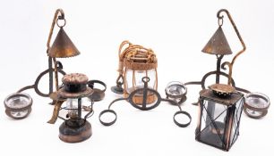 A group of 20th century lighting items; comprising a pair of gilt wrought iron candlesticks,