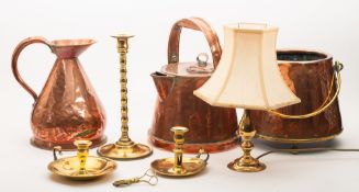A collection of domestic metalware, 19th and 20th century; comprising a copper haystack measure,