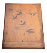 A 20th Century Sorrento ware folding vanity mirror, marquetry inlaid to the cover with six swallows,